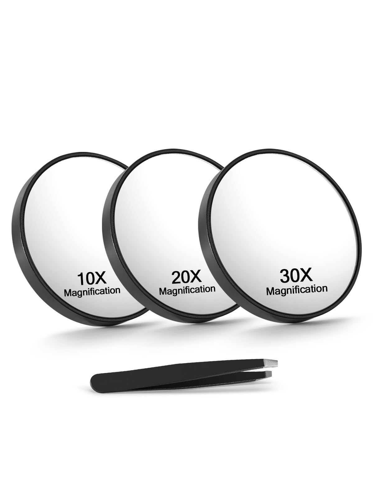 Macaki 10X/20X/30X Magnifying Mirror with Suction Cups and Tweezers Set, 3.5 inches Travel Magnified Makeup Mirror, Black, 3PCS