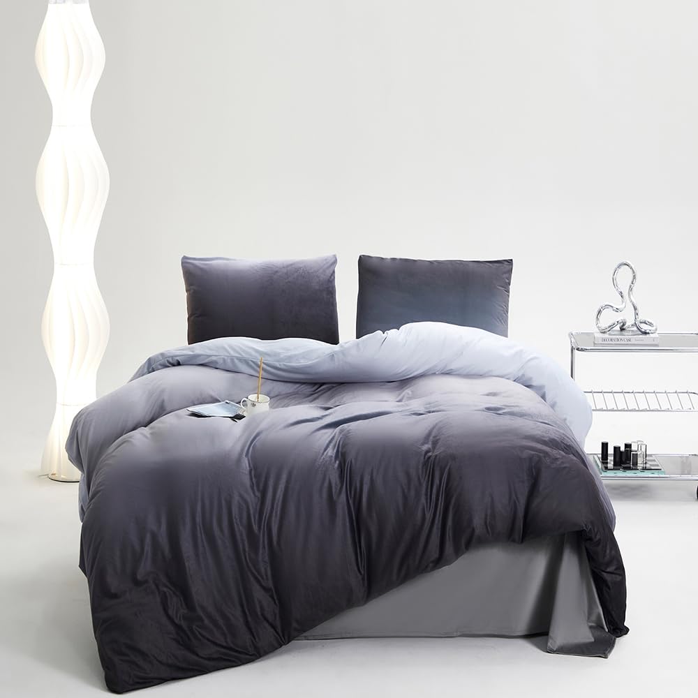 Clothknow Dark Grey Velvet Queen Comforter Set 3Pcs Gray White Fluffy Bedding Comforter Sets Gray Queen Comforter Soft Grey Velvet Queen Size Comforter Sets