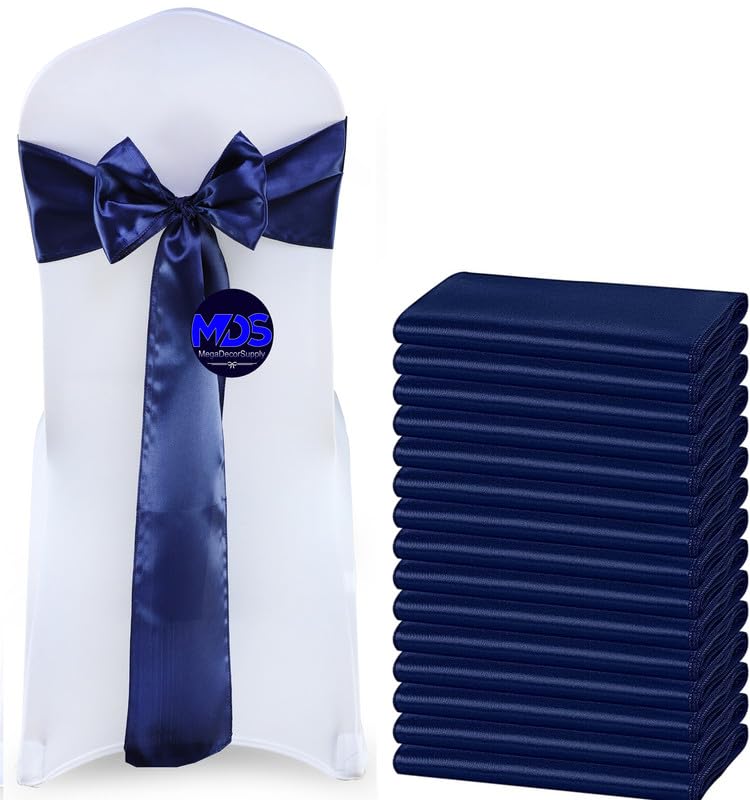 Mds Pack Of 200 Pcs Satin Chair Sashes Charmeuse Sateen Dining Chair Bows Ribbon Ties Back Sash For Wedding Party Birthday Home Hotel Restaurant Banquet Decoration (7 X 108 Inch, Navy Blue)