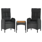vidaXL Modern 5 Piece Black Patio Dining Set with Cushions, Poly Rattan Outdoor Lounge Furniture, Featuring Reclining Garden Chairs and Acacia Wood Tabletop.