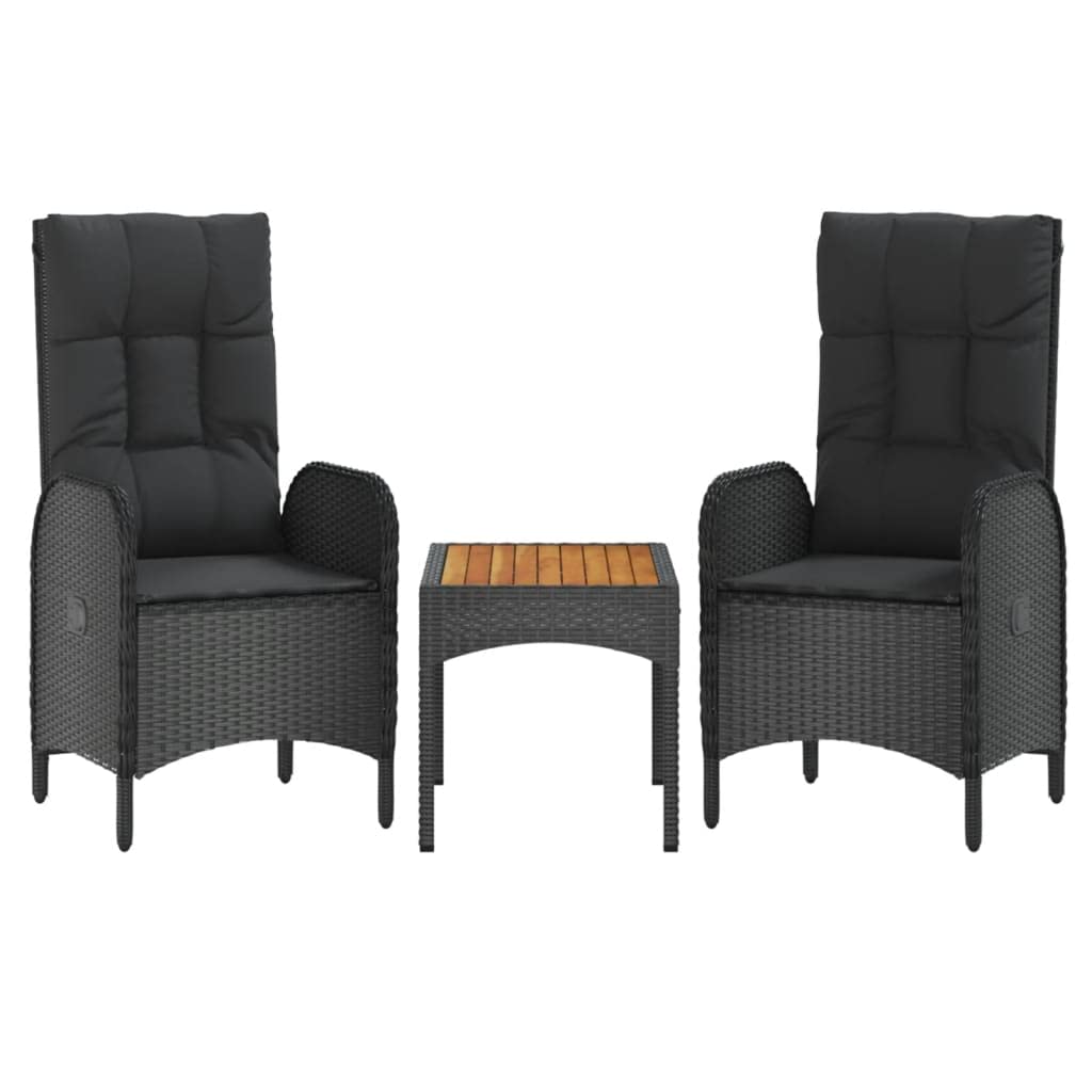 vidaXL Modern 5 Piece Black Patio Dining Set with Cushions, Poly Rattan Outdoor Lounge Furniture, Featuring Reclining Garden Chairs and Acacia Wood Tabletop.