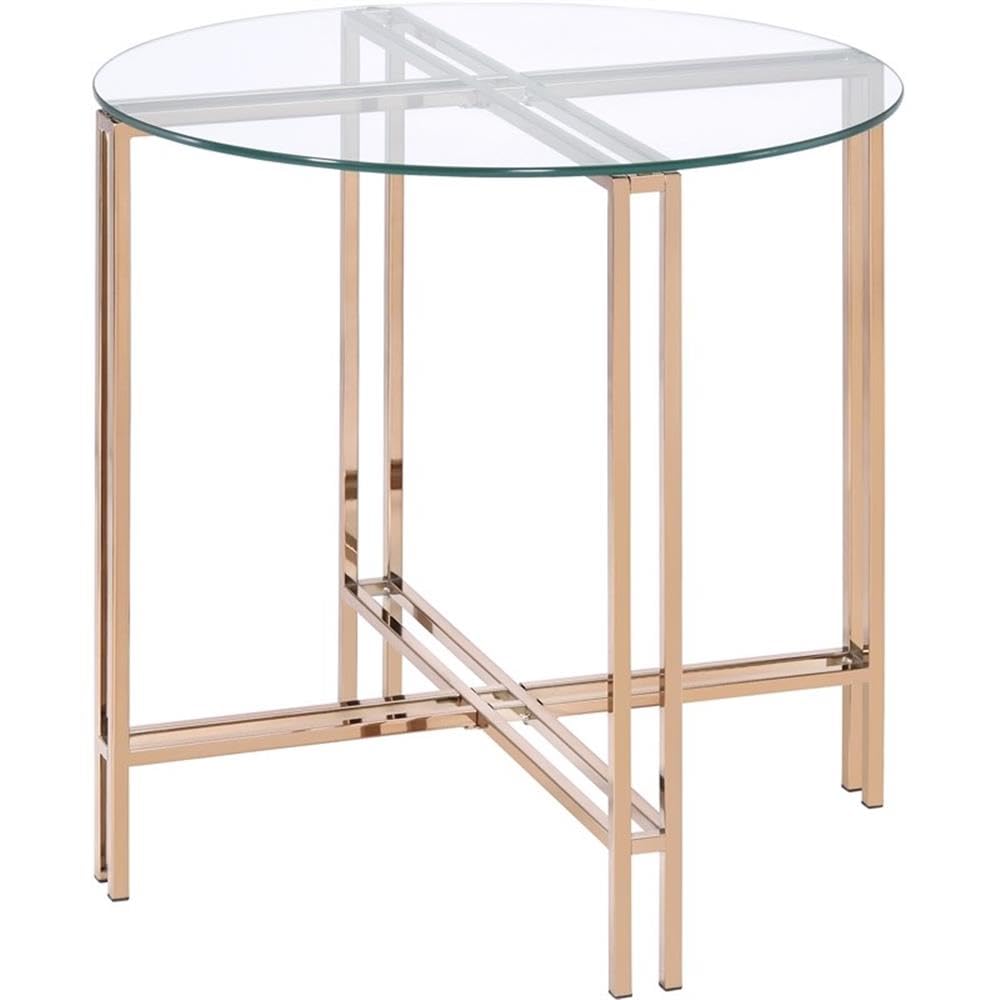 Acme Veises Round Glass Top End Table In Gold And Champagne