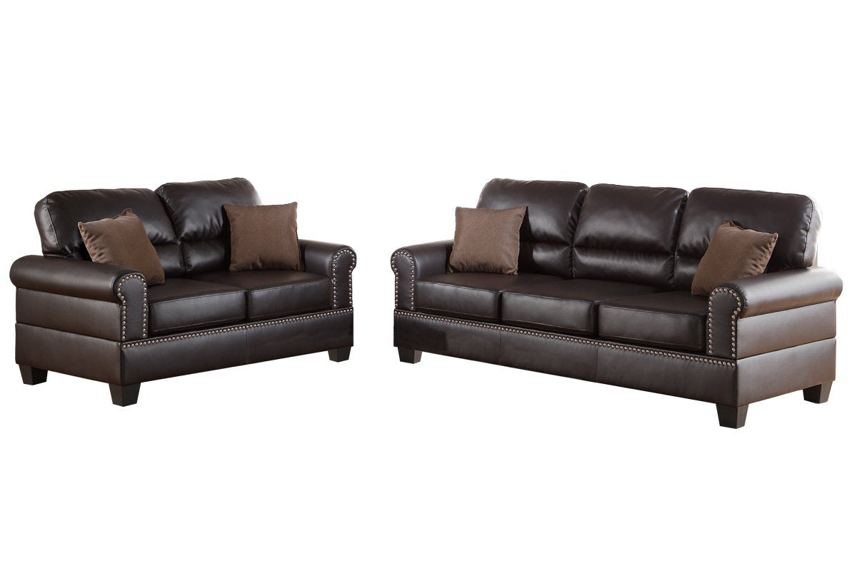 Poundex Bobkona Shelton Bonded Leather 2 Piece Sofa and Loveseat Set, Espresso