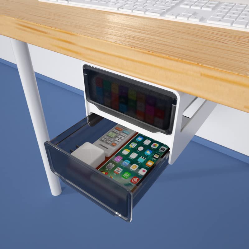 Cozywell 2 Layers Adhesive Drawer Under Desk Storage, Hiden Under Desk Drawer Slide-Out, Add-On Drawer Under Desk For Home Offic