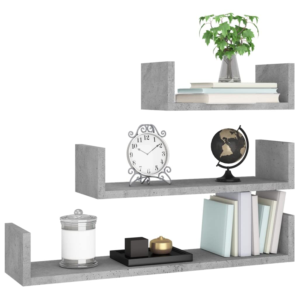 vidaXL Engineered Wood Wall Display Shelves - Set of 3 - Concrete Gray - Versatile Use for Books, Decorations - Easy Assembly