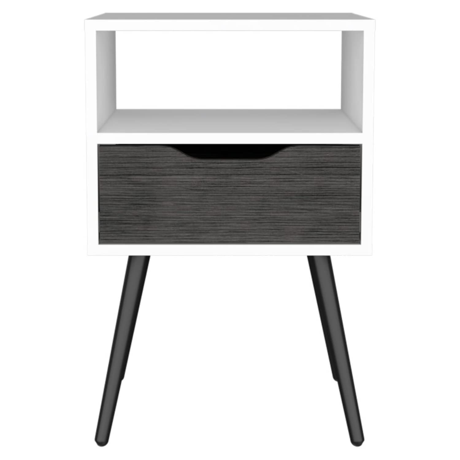 Nightstand 25" H, Superior Top, 4 Legs, 1 Open Shelf, 1 Drawer, Smokey Oak/White