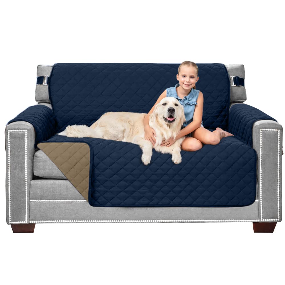 Sofa Shield Patented Loveseat Slip Cover, Large Cushion Protector, Reversible Stain And Dog Tear Resistant Slipcover, Quilted Microfiber 54” Seat, Washable Covers For Dogs Pets Kids, Navy Sand