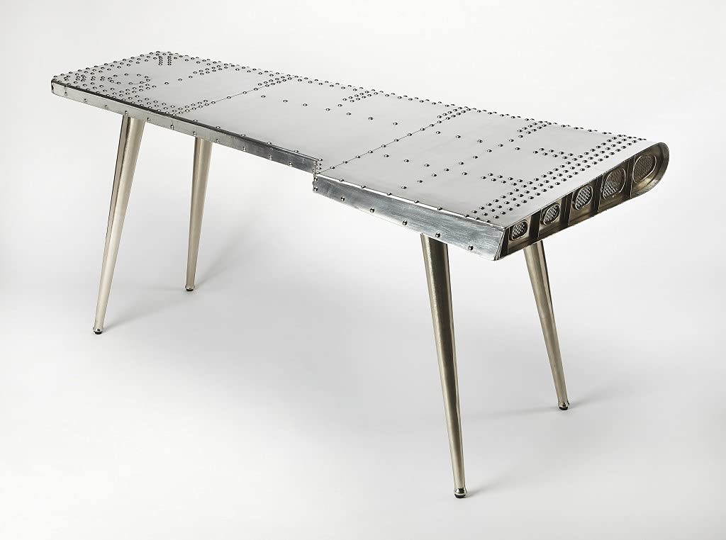 HomeRoots Aluminum, Steel, MDF, Wood Solids Funky Silver Wing Desk