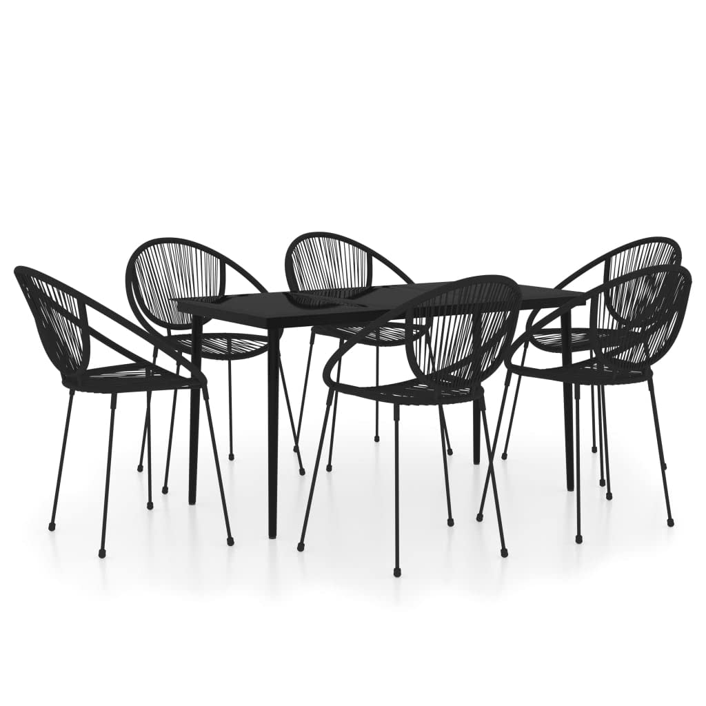 Vidaxl 7-Piece Patio Dining Set - Black Powder-Coated Steel Frame With Smooth Glass Tabletop - Includes 6 Pvc Rattan Chairs - Perfect For Outdoor Dining And Gatherings