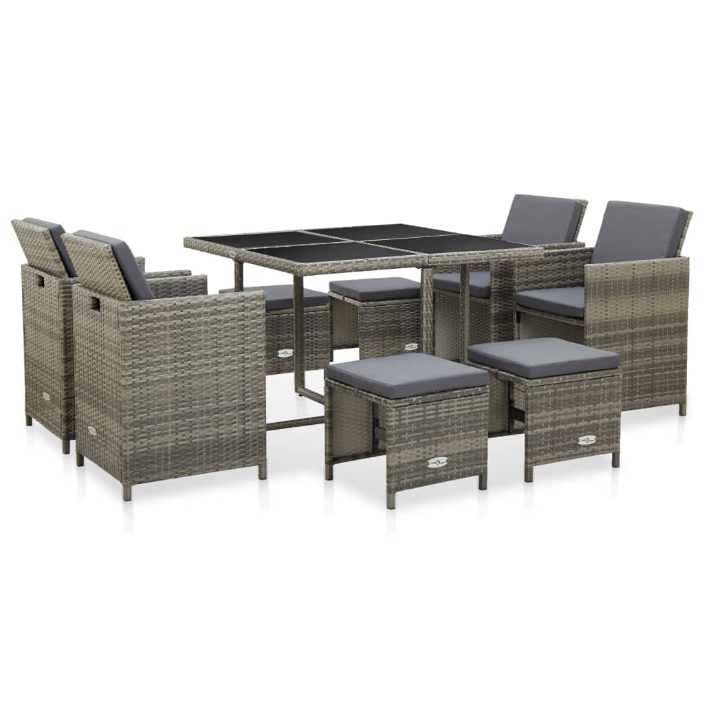JeeKan 9 Piece Outdoor Dining Set with Cushions Poly Rattan Gray