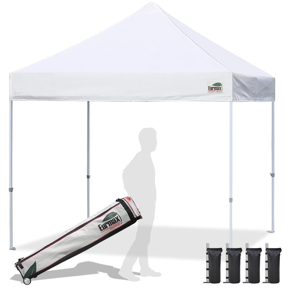 Eurmax Usa Standard 10X10Ft Patio Pop Up Canopy Tent For Outdoor Events Commercial Instant Canopies With Heavy Duty Roller Bag,Bonus 4 Canopy Sand Bags (White)