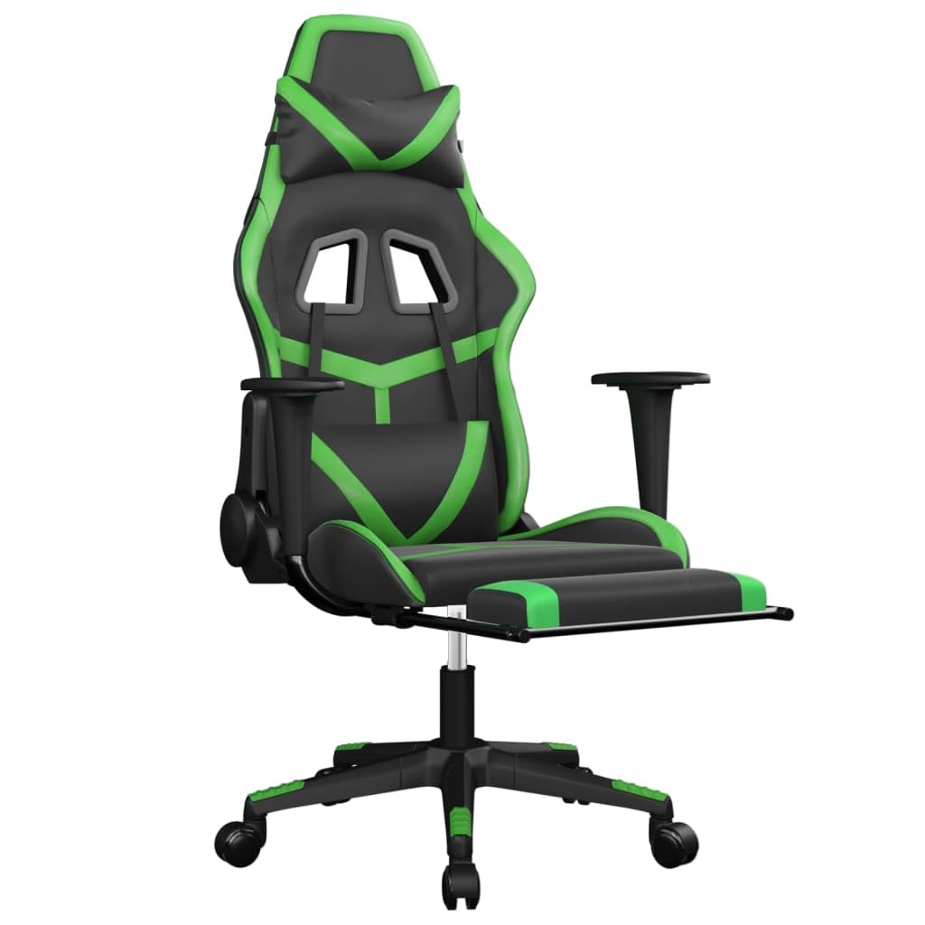 vidaXL Massage Gaming Chair with Footrest - Adjustable Backrest and Seat, Durable Faux Leather, Ergonomic Design for Comfort, Black and Green