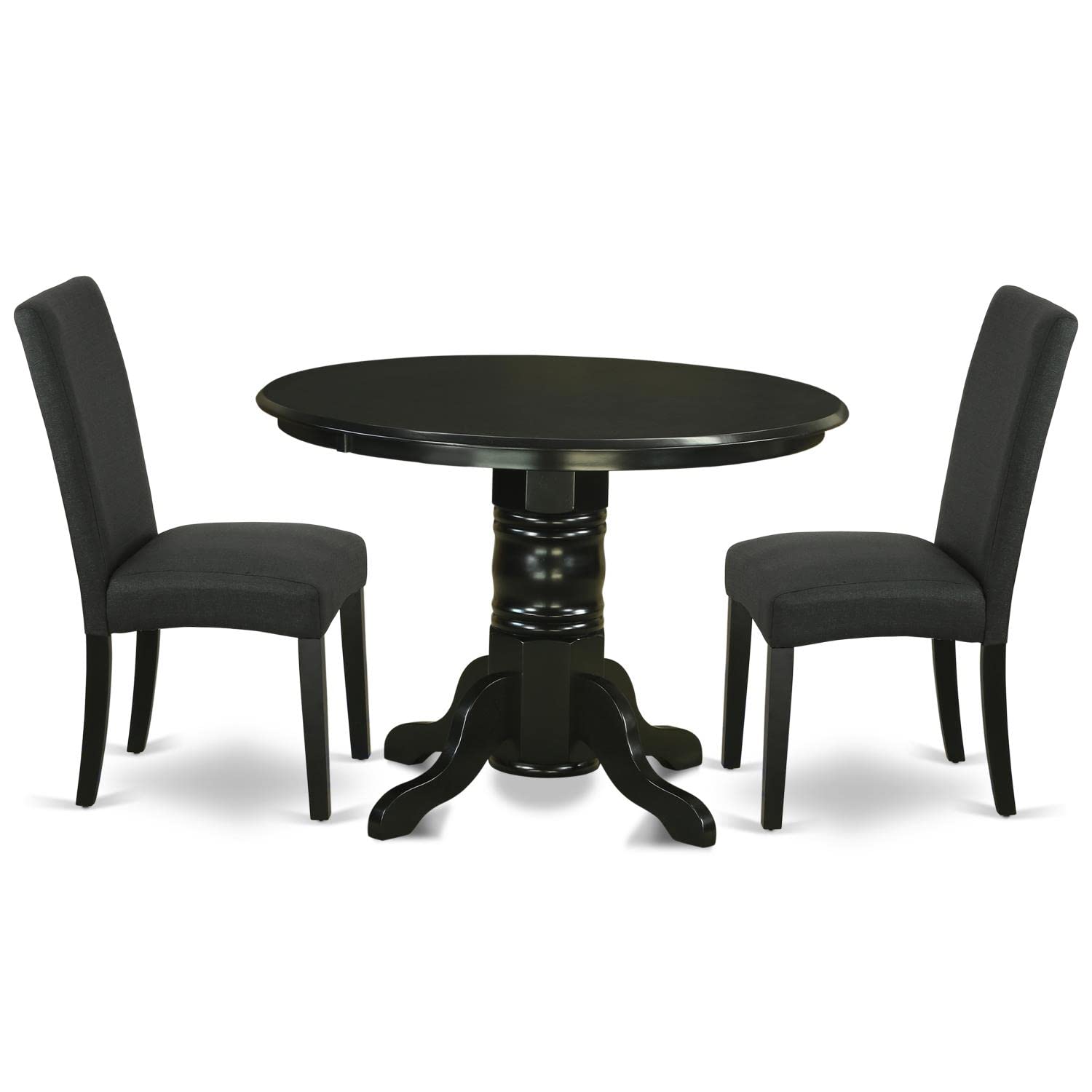 East West Furniture Shdr3-Blk-24 3 Piece Kitchen Table & Chairs Set Contains A Round Dining Table With Pedestal And 2 Black Color Linen Fabric Upholstered Chairs, 42X42 Inch, Black