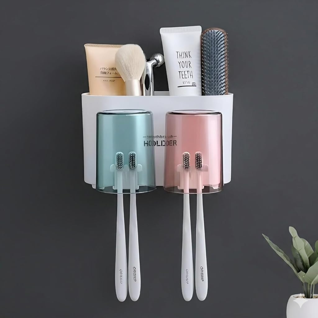 H Houseware Wall Mounted Toothbrush Holder for Bathroom with Mouthwash Cups, Dustproof BPAFree Bathroom Organizer with Multi Co