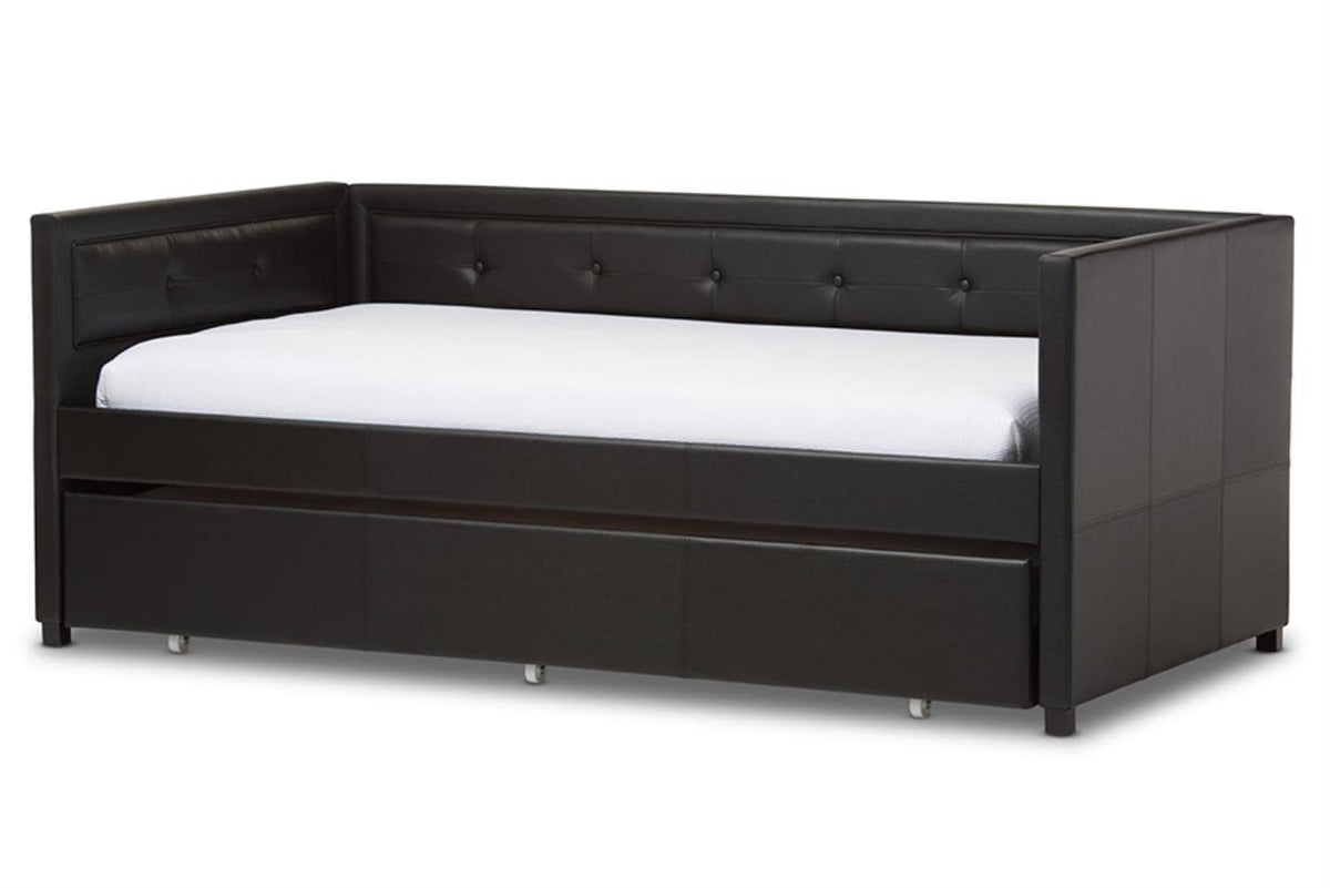 Baxton Studio Frank Modern and Contemporary Button-Tufting Sofa Daybed with Roll-Out Trundle Guest Bed Black