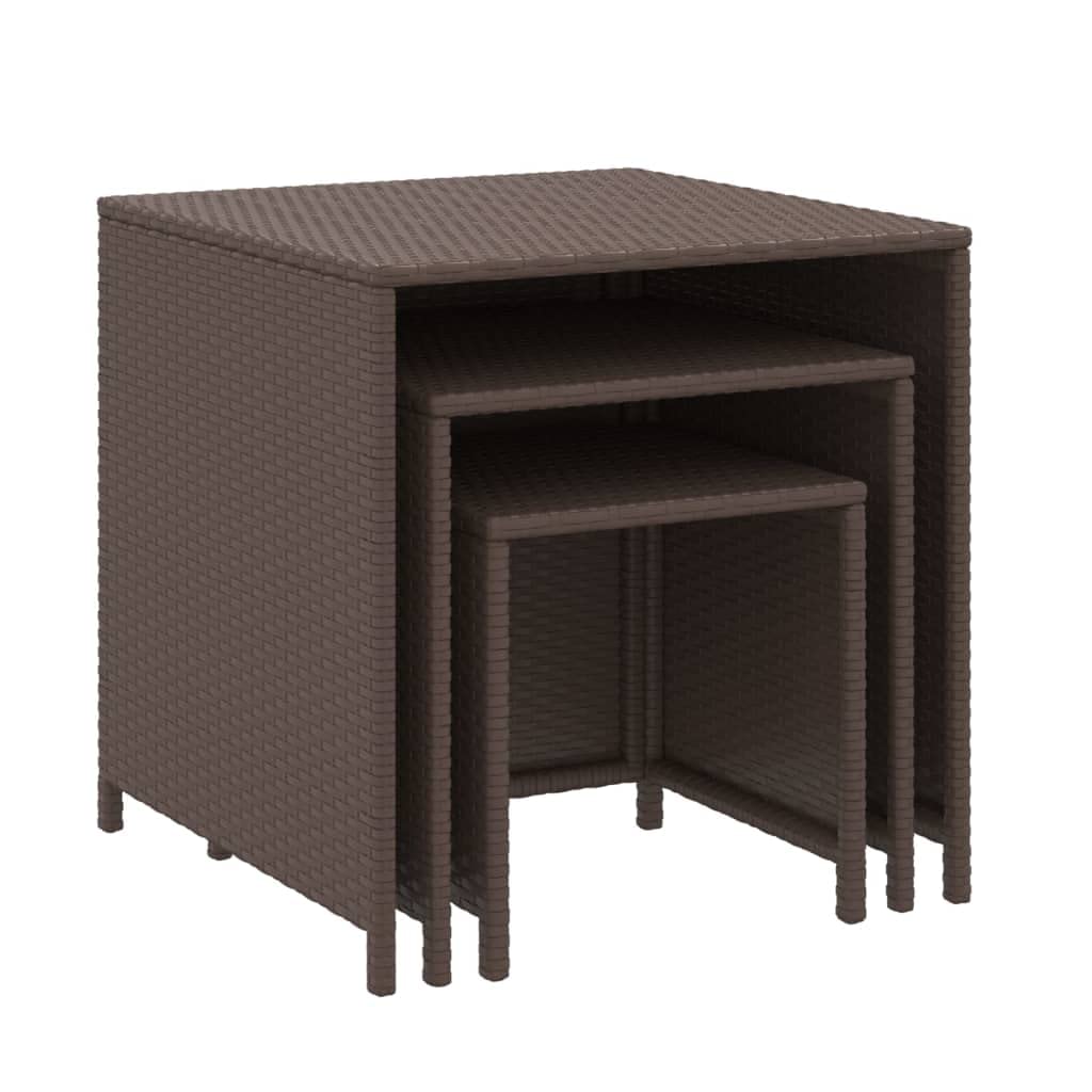 vidaXL Set of 3 Brown Poly Rattan Nesting Tables - Space-Saving, Sturdy, Easy-to-Clean, Indoor and Outdoor Use, with Powder-Coated Steel Frames