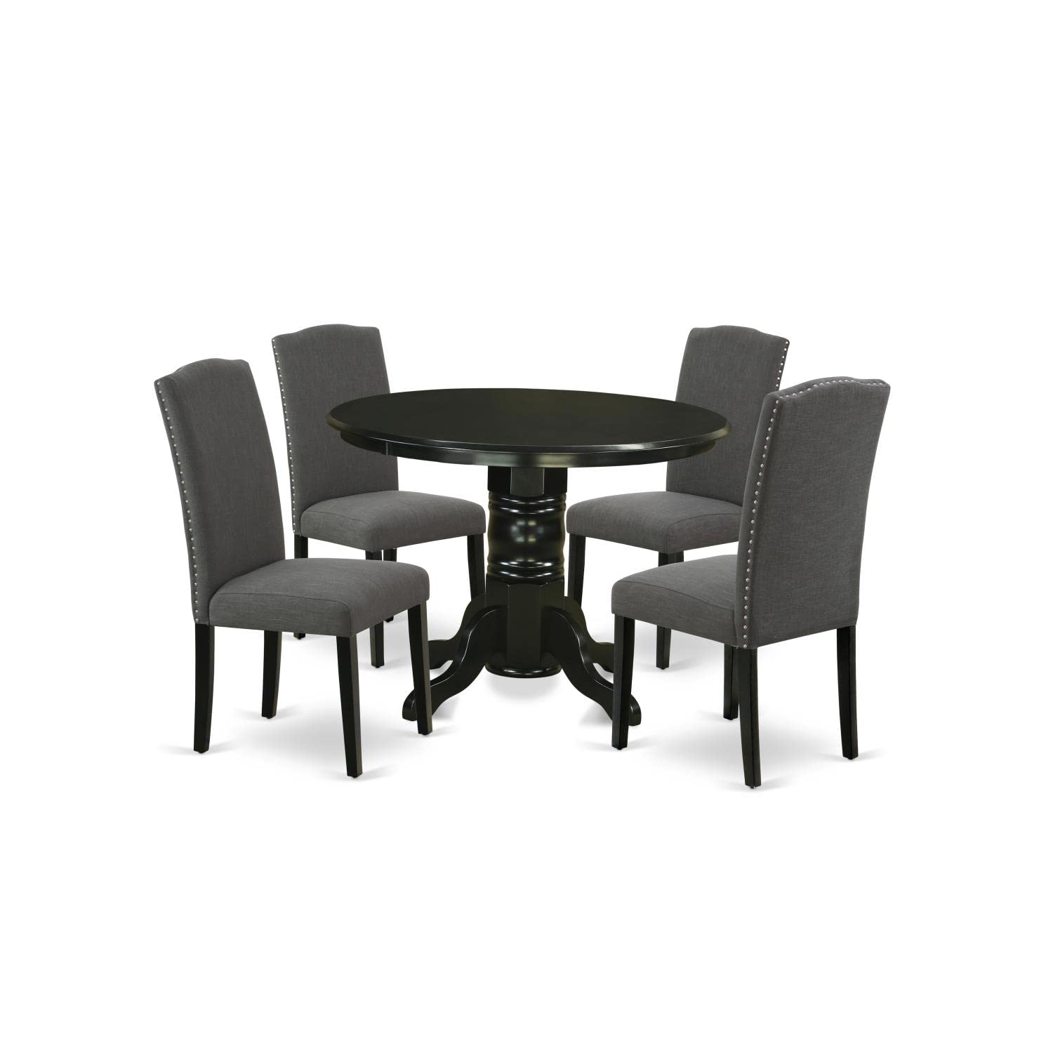 East West Furniture Shen5-Blk-20 5 Piece Dining Room Table Set Includes A Round Kitchen Table With Pedestal And 4 Dark Gotham Linen Fabric Upholstered Chairs, 42X42 Inch, Black