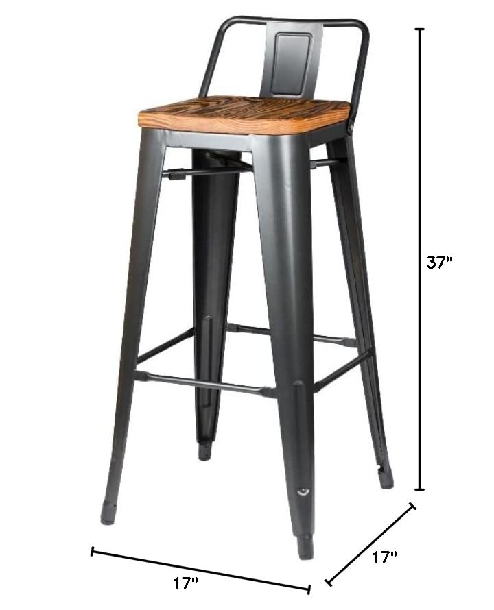 New Pacific Direct Metropolis Metal Low Back Bar Stool 30&quot; Wood Seat,Gunmetal Gray,Set Of 4