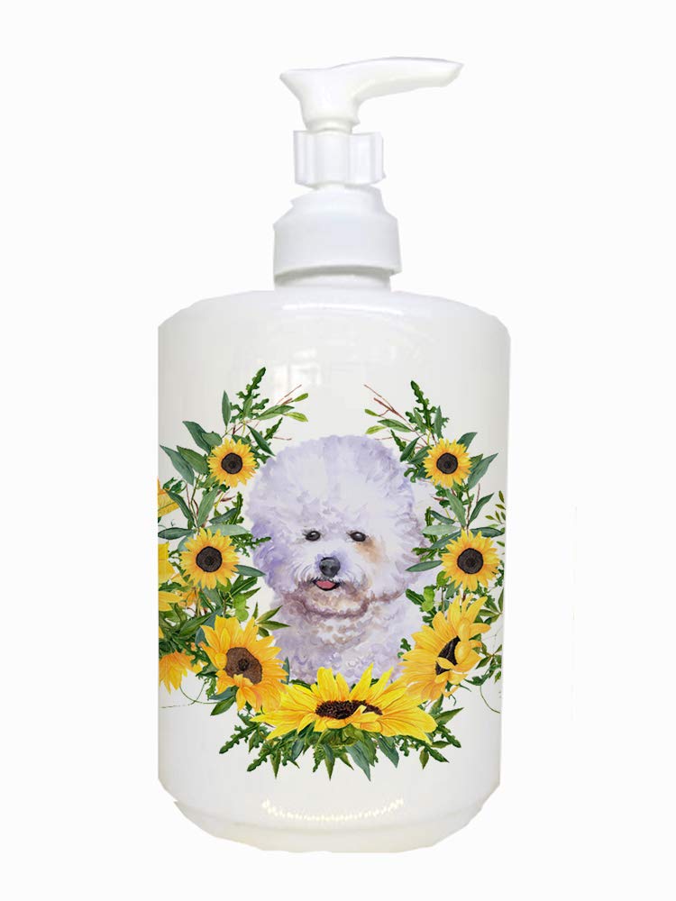 Caroline's Treasures CK2840SOAP Bichon Frise in Sunflowers Ceramic Soap Dispenser Hand Soap Dispenser Pump Bottles for Bathroom 