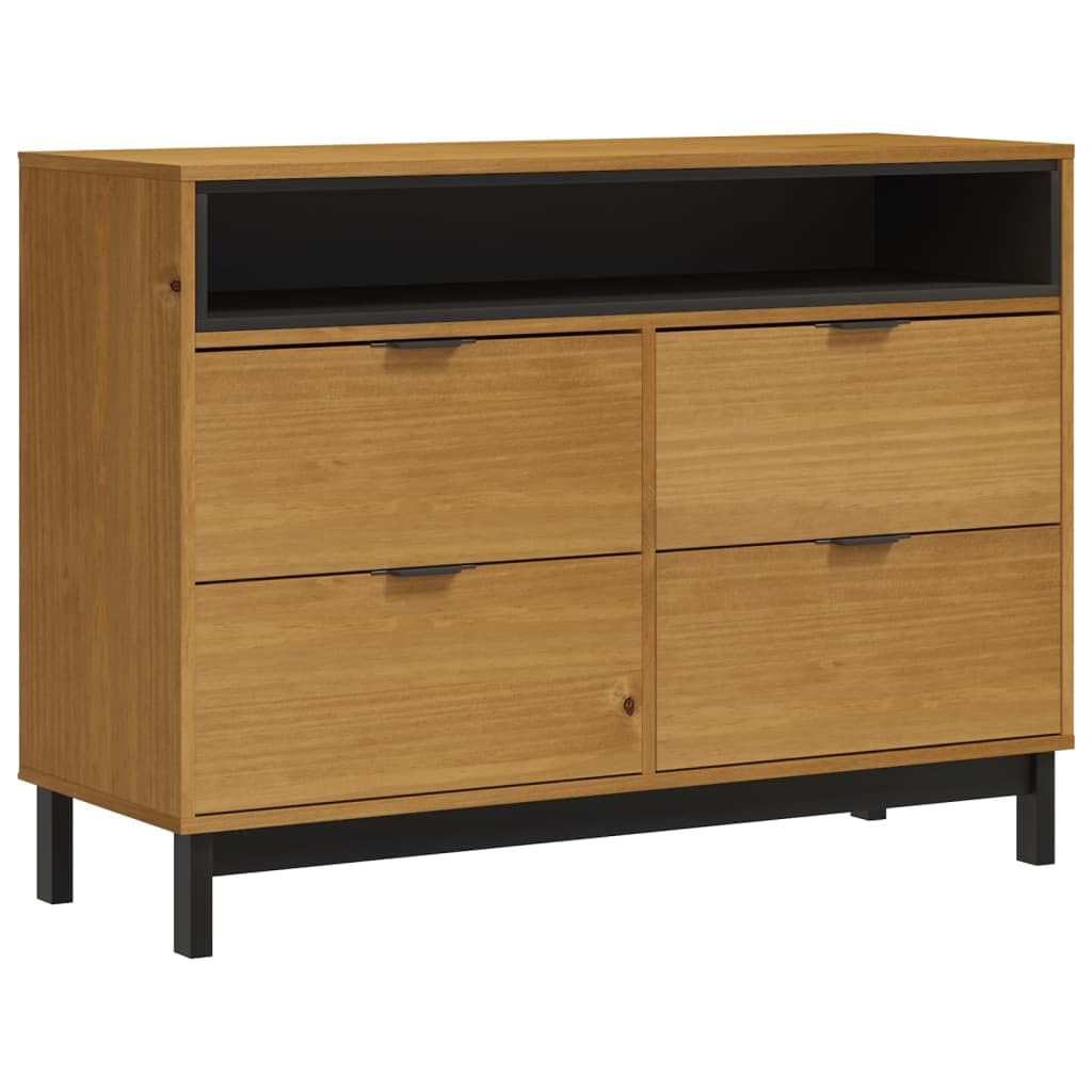 vidaXL Solid Pine Wood FLAM Drawer Cabinet in Oak Finish: 4 Drawers and Open Compartment, Sturdy, Durable