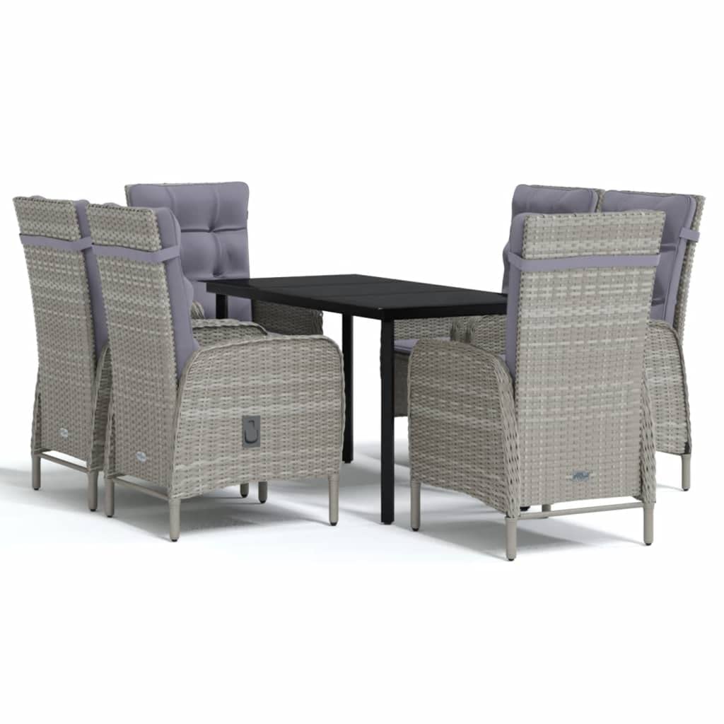 vidaXL 7-Piece Outdoor Patio Dining Set in Gray and Black - PE Rattan and Powder-Coated Steel Construction - with Cushions, Ergonomic Chairs, and Glass Tabletop