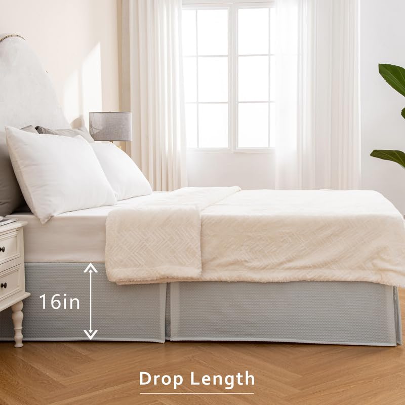 Miye Pleated Waffle Weave Bed Skirt, Tailored Dust Ruffle 16 Inch Drop Easy Fit, Machine Washable (Light Grey, Queen - 16'' Drop