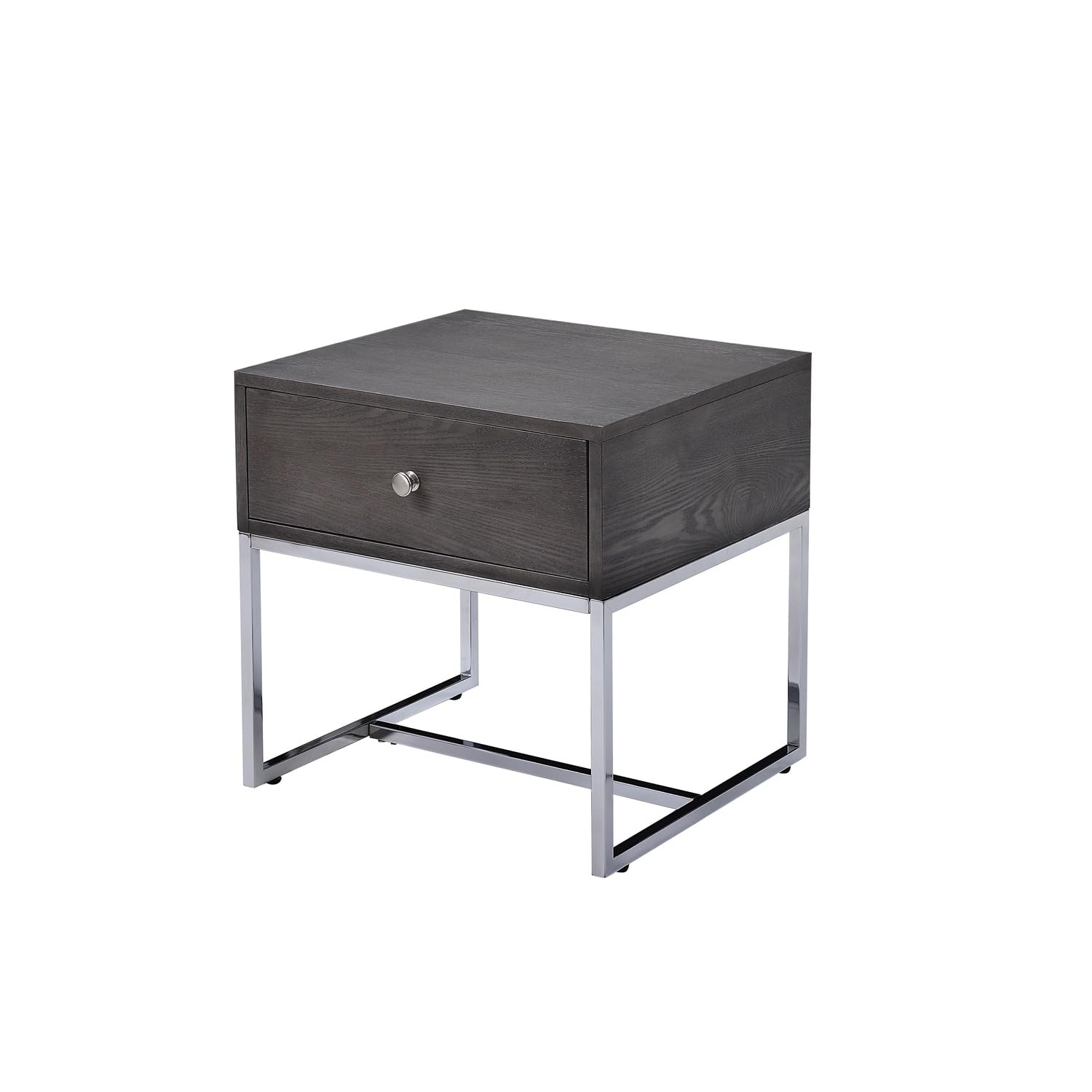 Benjara Wooden End Table With Tubular Metal Base And Spacious Drawer, Gray And Silver