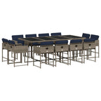 vidaXL 13 Piece Patio Dining Set with Cushions - Gray Poly Rattan, Glass Tabletop, Compact Storage, UV-Resistant