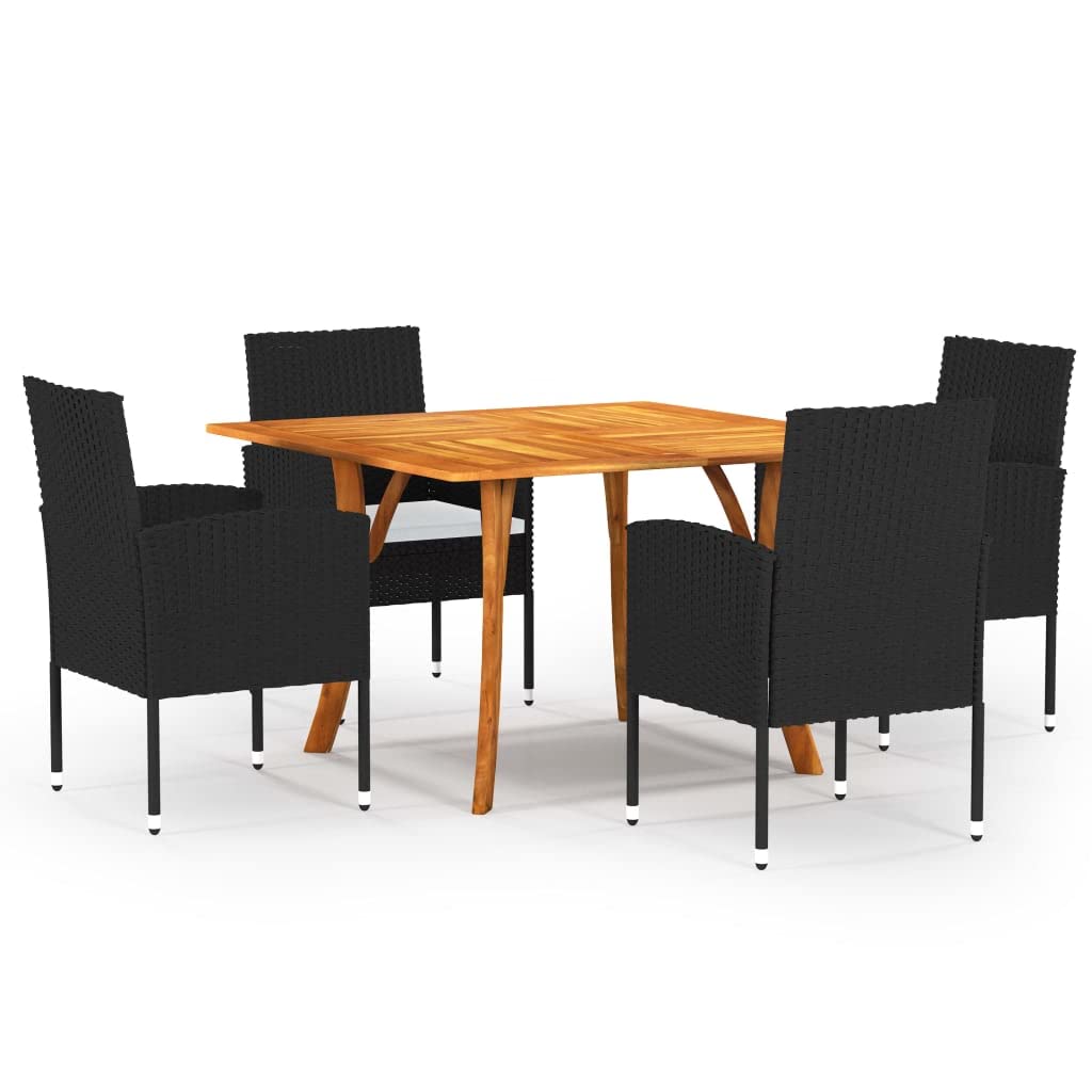 vidaXL 5-Piece Outdoor Patio Dining Set with Solid Acacia Wood Table, Weather-Resistant PE Rattan Chairs and Comfortable Cushion