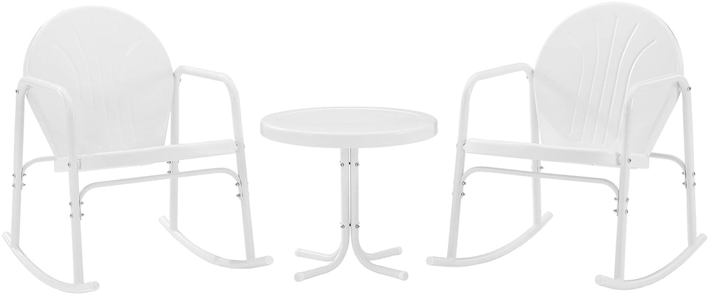 Crosley Furniture Griffith 3-Piece Outdoor Rocking Chair and Side Table Set, Retro Metal Bistro Patio Sets, White Gloss and White Satin
