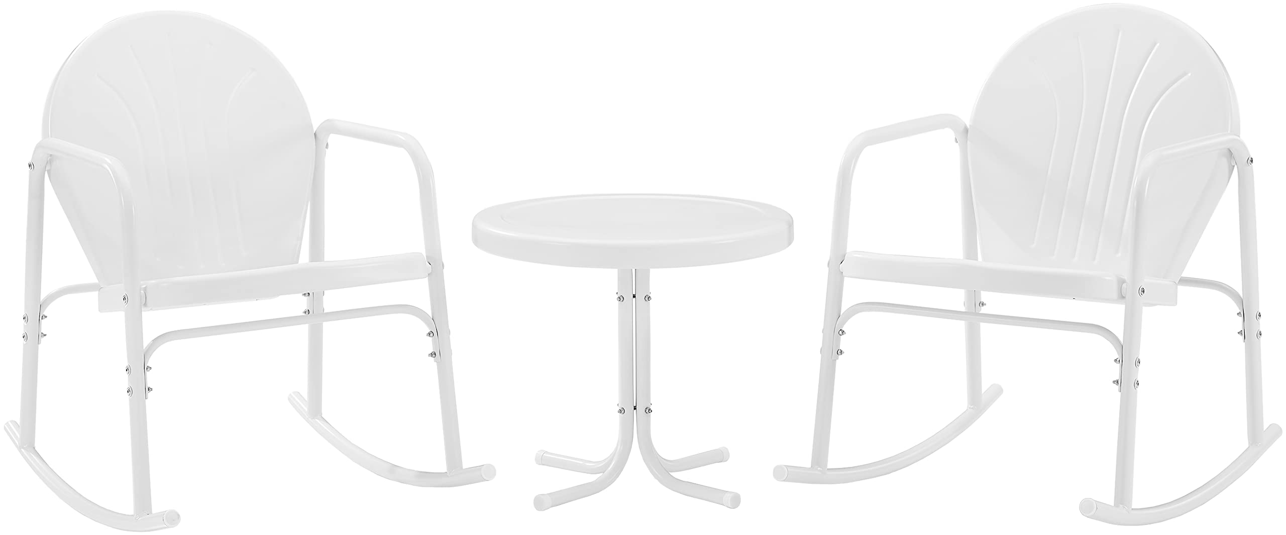 Crosley Furniture Griffith 3-Piece Outdoor Rocking Chair and Side Table Set, Retro Metal Bistro Patio Sets, White Gloss and White Satin