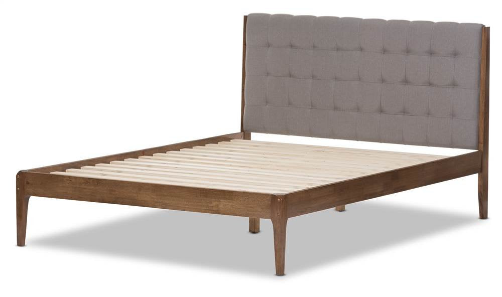 Baxton Studio Clifford Mid-Century Light Grey Fabric and Medium Brown Finish Wood Full Size Platform Bed