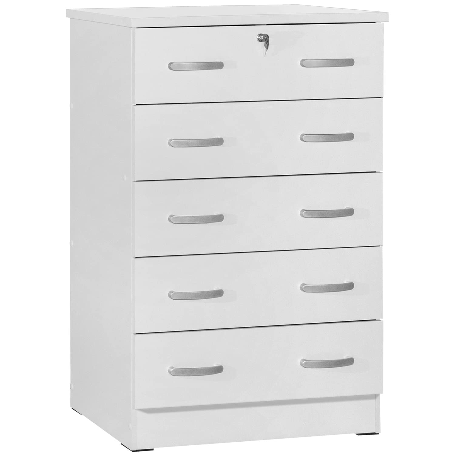 Better Home Products Cindy 5 Drawer Chest Wooden Dresser With Lock In White