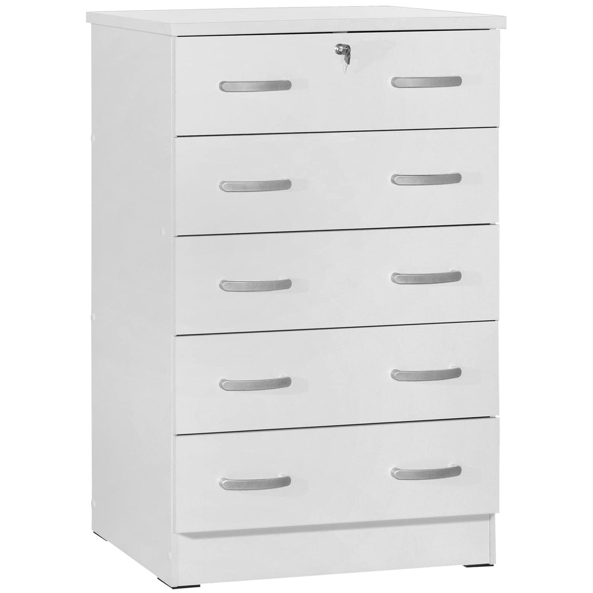 Better Home Products Cindy 5 Drawer Chest Wooden Dresser With Lock In White