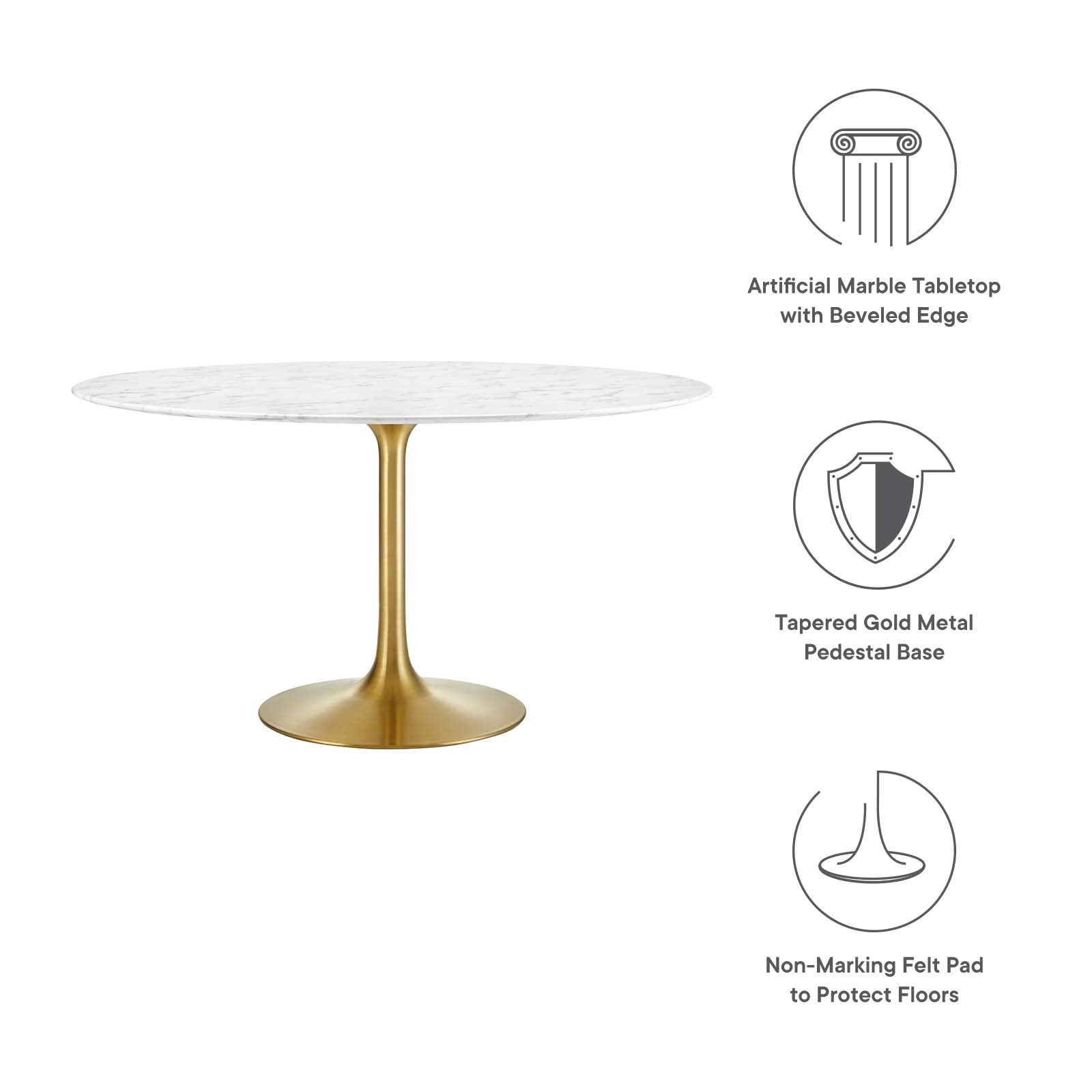 Modway Lippa 54" Mid-Century Dining Table with Round Artificial Marble Top in Gold White