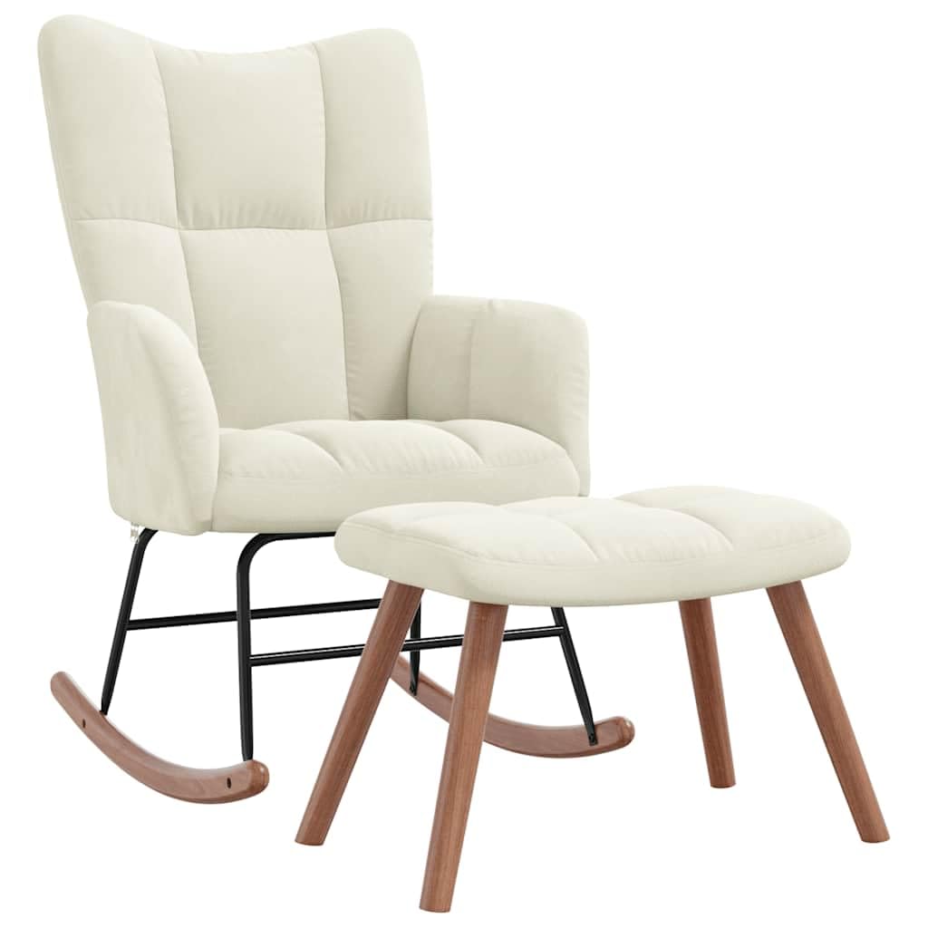 vidaXL Cream White Velvet Rocking Chair and Stool Set with Soft Padding, Steel Frame and Wooden Rocking Rails