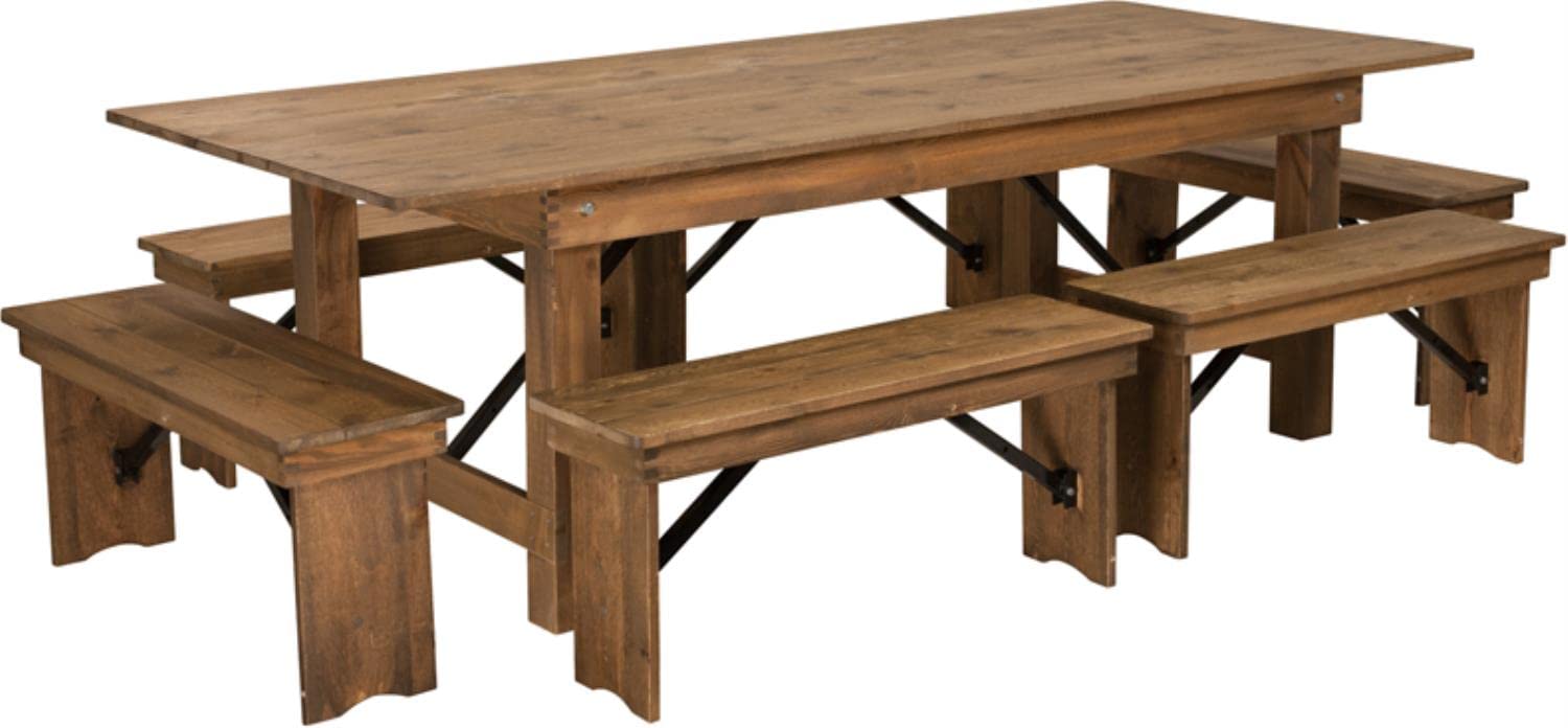 Flash Furniture Hercules Series 8' X 40'' Antique Rustic Folding Farm Table And Six Bench Set