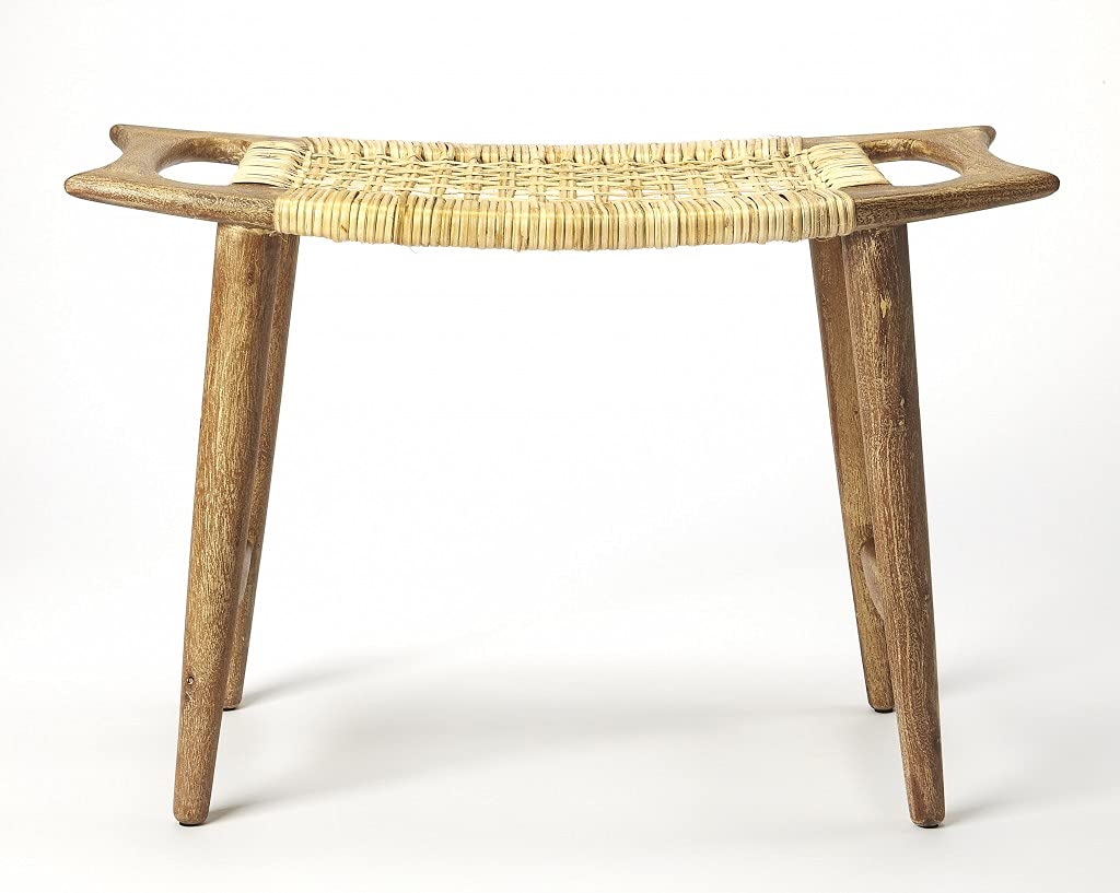 HomeRoots Mango Wood Solids, Woven Cane Natural Wood Finish Cane Stool