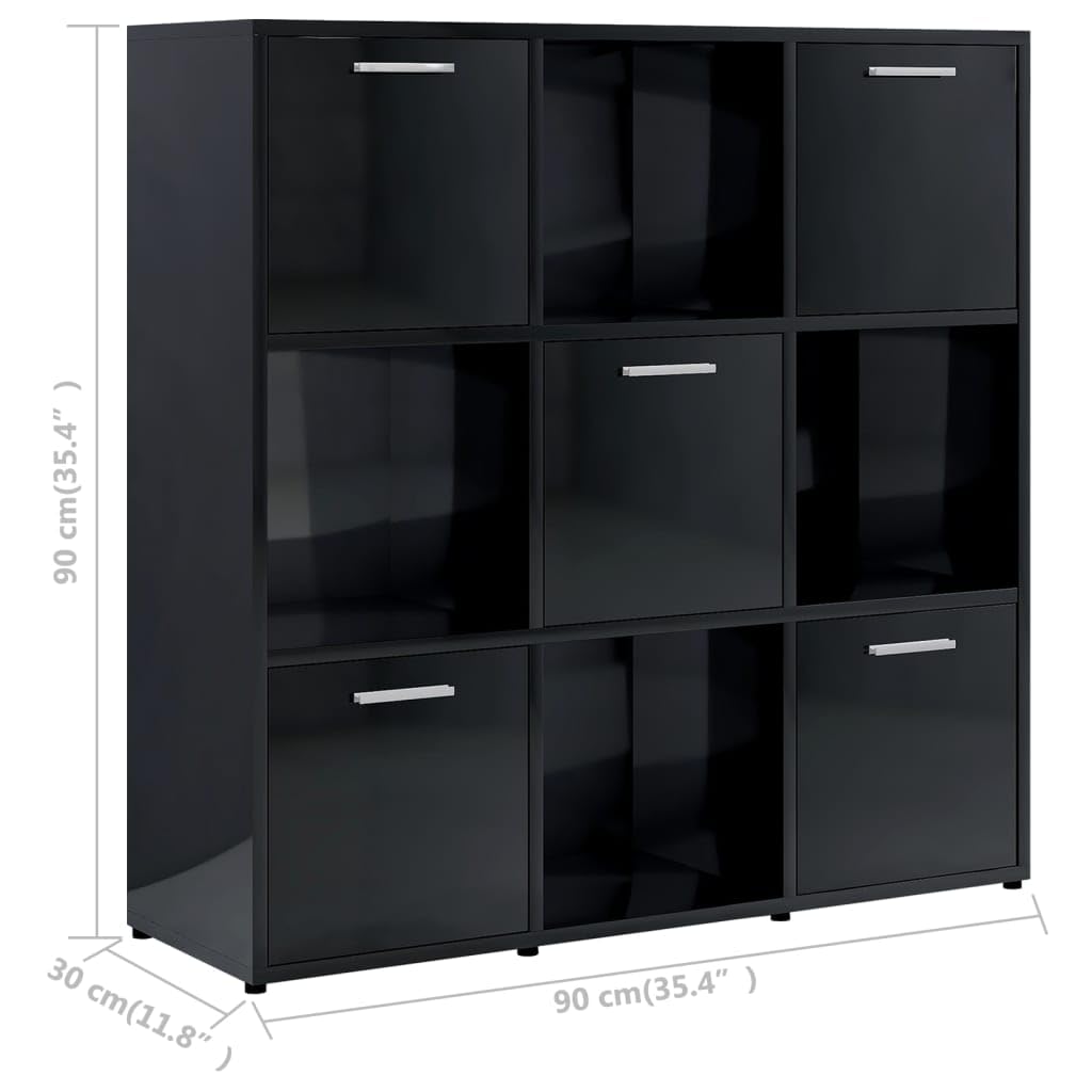 vidaXL Modern High Gloss Black Book Cabinet - Organized Storage with 9 Compartments - Durable Engineered Wood - Easy-to-Clean - Wall Attachment Device Included