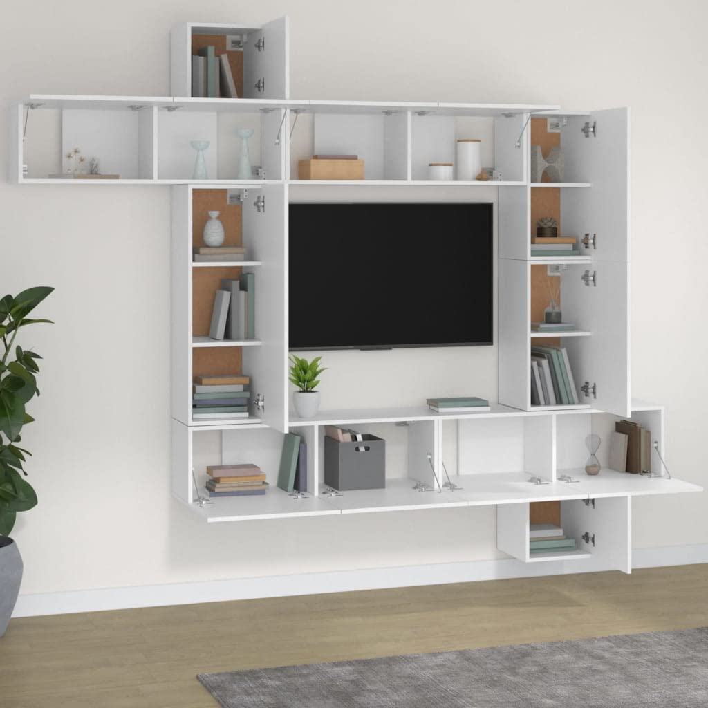 vidaXL TV Cabinet Set 9 Piece Living Room Entertainment Center Wall Mounted Floating Media Unit Furniture Set White Engineered Wood