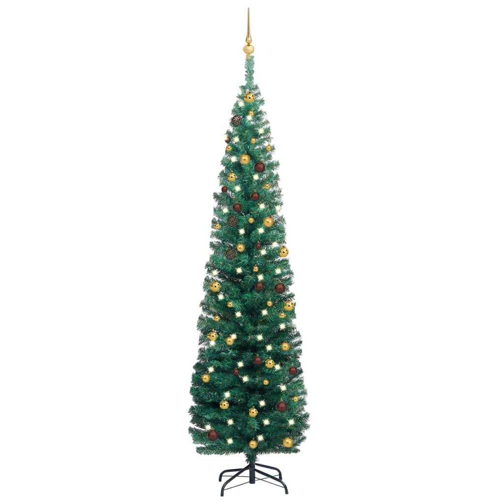 vidaXL Slim Artificial Christmas Tree - LED Lit, with Ball Set, Green, 82.7&quot; - Reusable PVC Holiday Decor with Sturdy Steel Stand