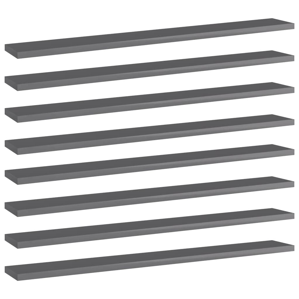 vidaXL High Gloss Gray Bookshelf Boards, Engineered Wood, 31.5&quot;x3.9&quot;x0.6&quot;, Pack of 8, Modern Style, Space-Saving Design