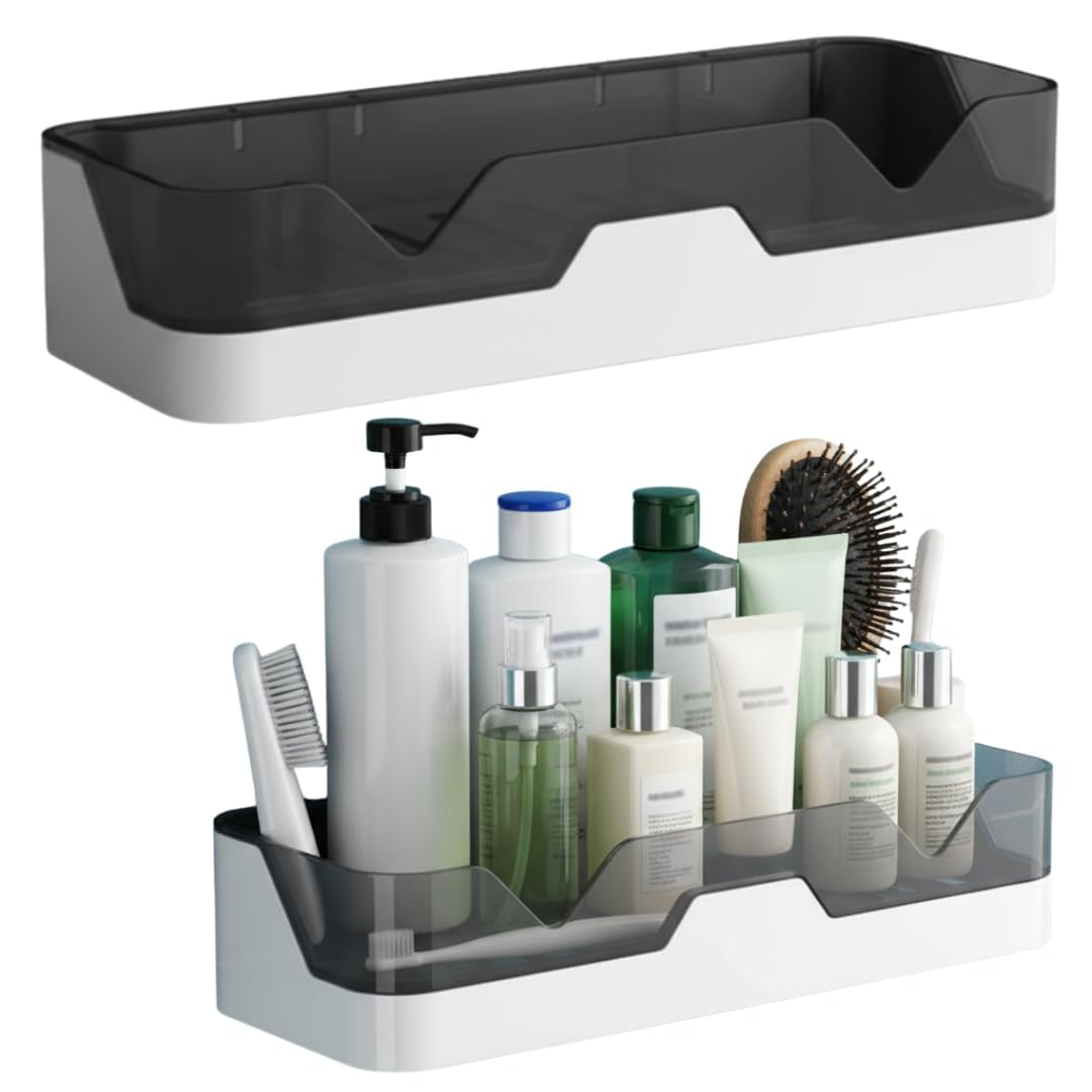 KUOPIO Plastic Wall Mounted Bathroom Shelf Organizer, Self Adhesive Storage Rack Without Drill, Double Layer Holder Stand for To