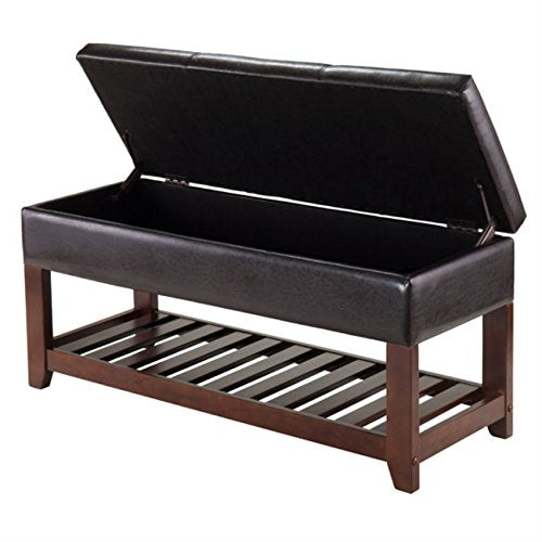 Ergode Colin Bench | Versatile & Stylish | Dark Faux Leather Cushion | 2 Corn Husk Baskets | Slated Shelf | Ample Comfort | Chocolate Brown | Sturdy Wood | (94143-VV)
