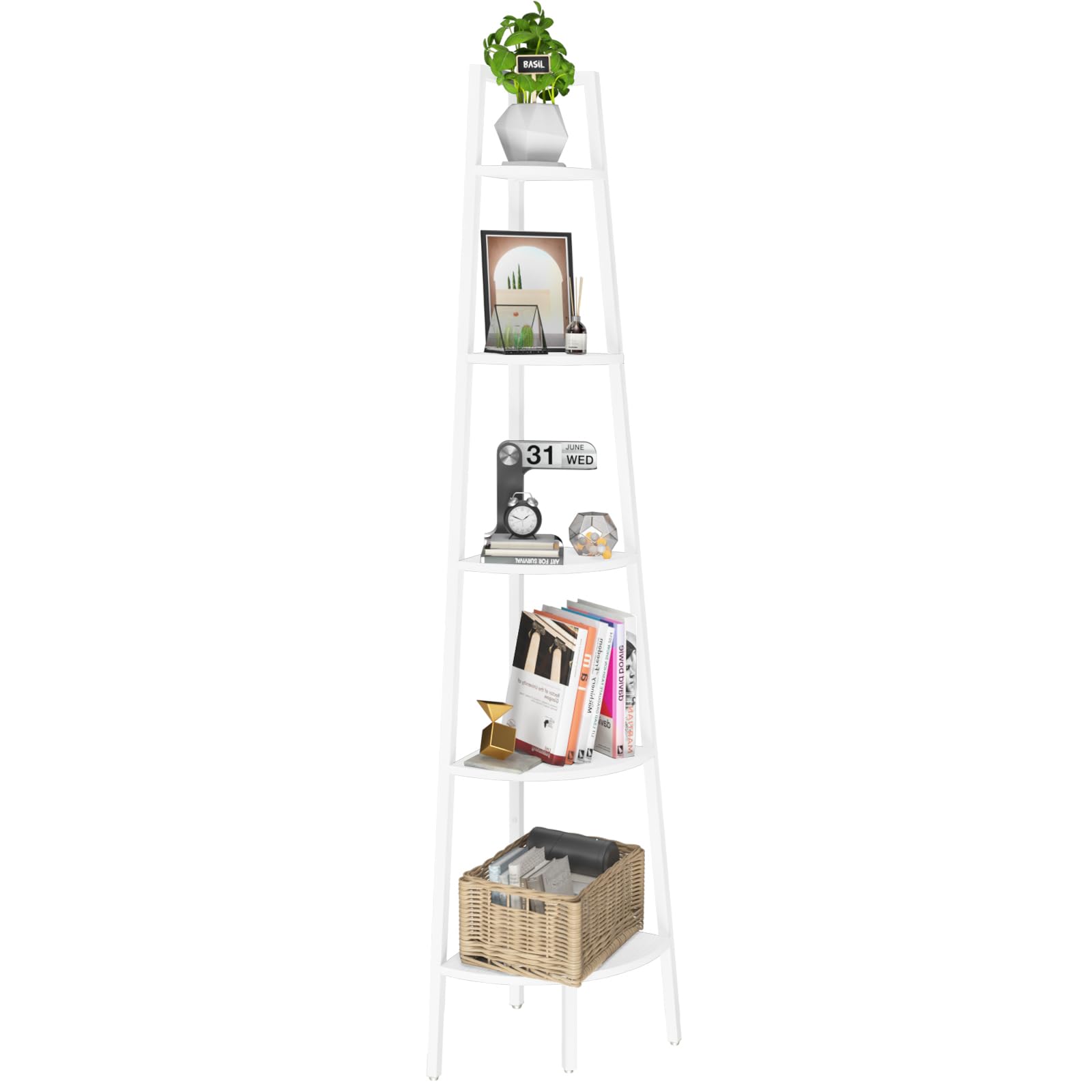 Yoobure Corner Shelf, 5-Tier Corner Bookshelf With Metal Frame, Ladder Corner Shelves Display Shelf For Bedroom Living Room, Tall Corner Bookcase Corner Plant Stand, Wood Small Corner Shelf Stand Home