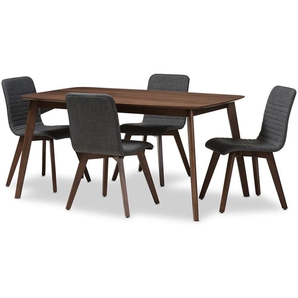 Baxton Studio Sugar Mid-Century Modern Dark Grey Fabric Upholstered Walnut Wood Finished 5-Piece Dining Set