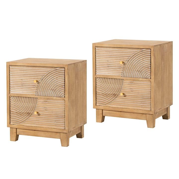 Cozayh 2-Drawer Farmhouse Nightstand, Mid Century Nightstand Set Of 2 Fully Assembled With Handcrafted Wood Ring Pattern For Boho, Mid-Century, Rustic Style, Natural Wood