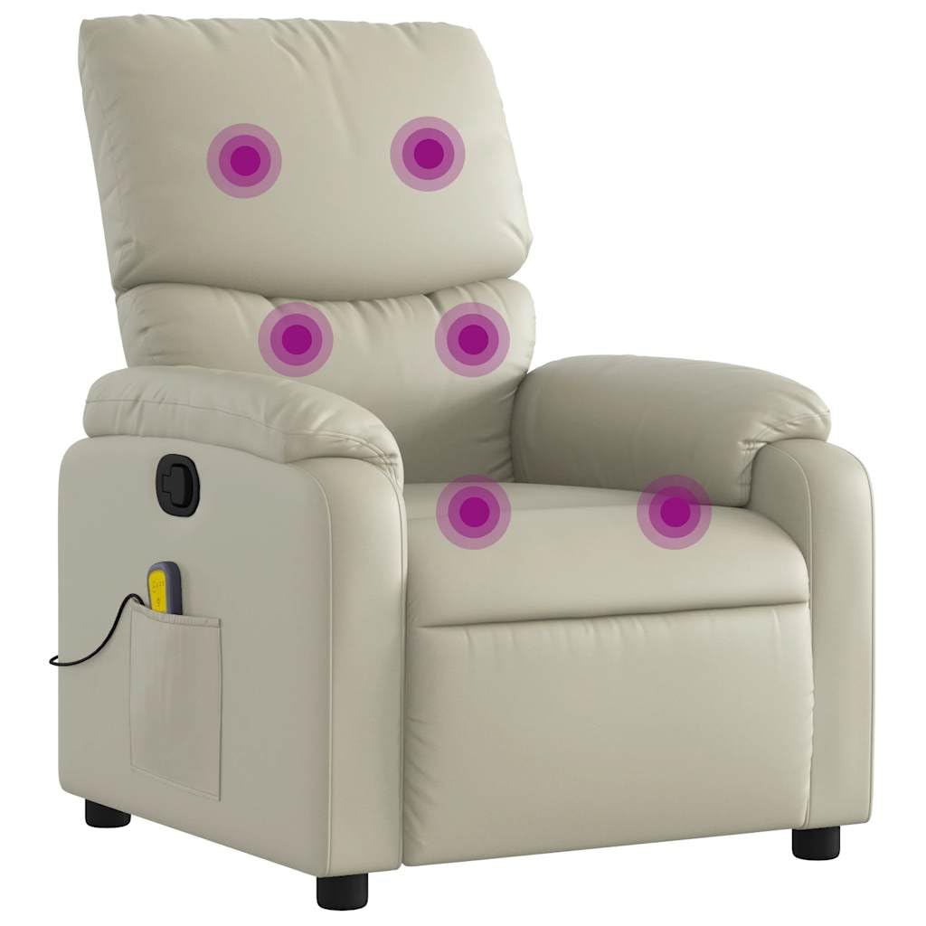 vidaXL Leather Massage Recliner Chair for Living Room, Home Theater, 6-Point Vibration Massage, Adjustable Back & Footrest, Side Pocket, Cream