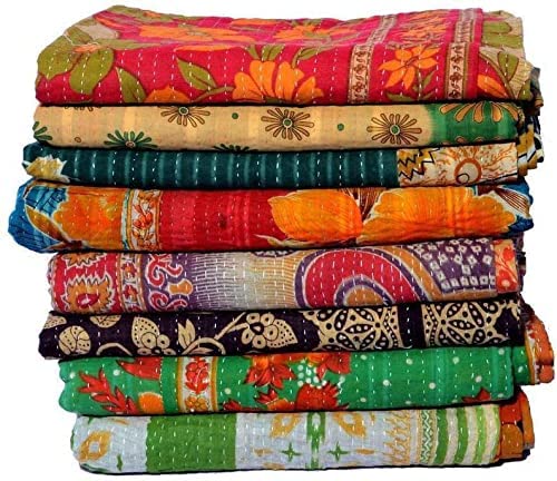 Gajanad Artistry One Piece Vintage Kantha Quilts Reversible Bohemian Home Decor Handmade Indian Blanket Twin Size 85X55 Inches A