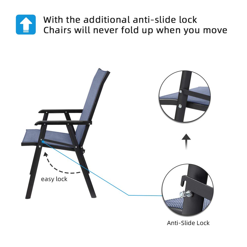 Vingli Upgraded Version Single 1 Folding Chairs With Arms, Portable Patio Chairs For Outdoor & Indoor, Sling Back Chairs For Lawn, Pool, Courtyard, Balcony & Garden (Blue)